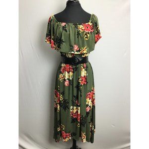 Du Jour Off-the- Shoulder Floral Printed Knit Dress Olive, size M